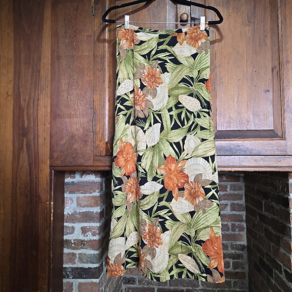 Vintage Clio Green, Orange, Black, Brown Floral Skirt - Made in USA - Medium